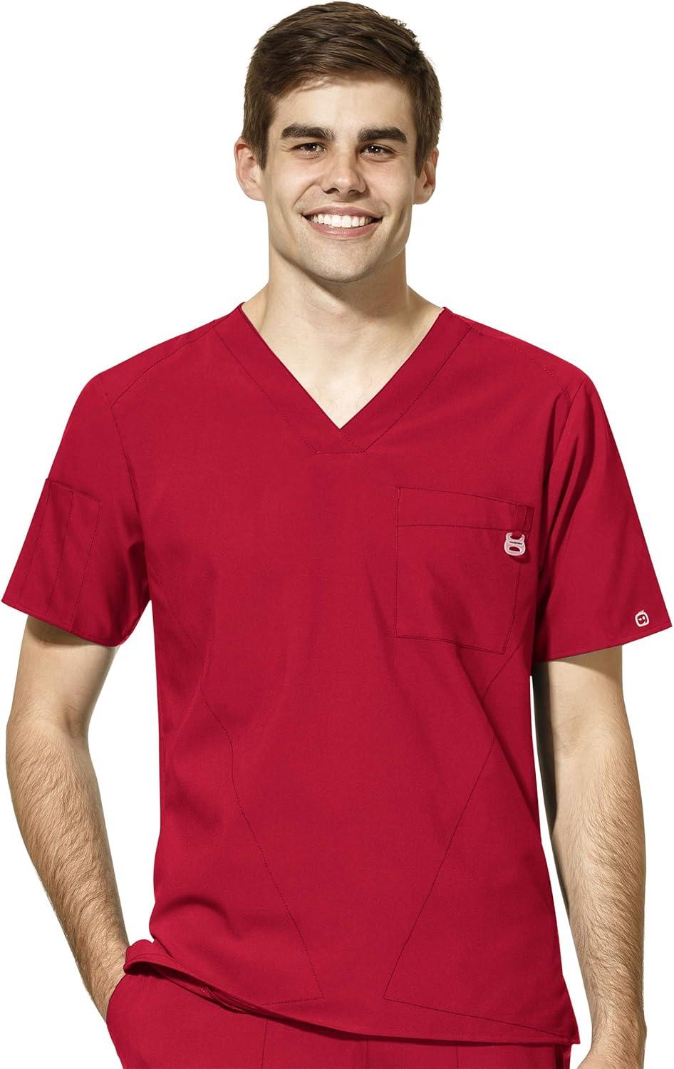 WonderWink W123 Men’s V-Neck Top & Flat Front Cargo Pocket Pant Scrub Set + Badge Reel(Red)