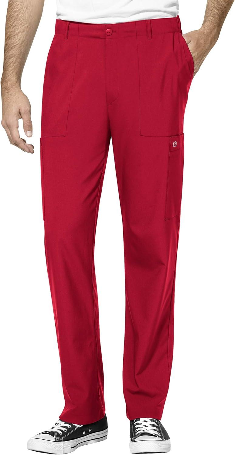 WonderWink W123 Men’s V-Neck Top & Flat Front Cargo Pocket Pant Scrub Set + Badge Reel(Red)
