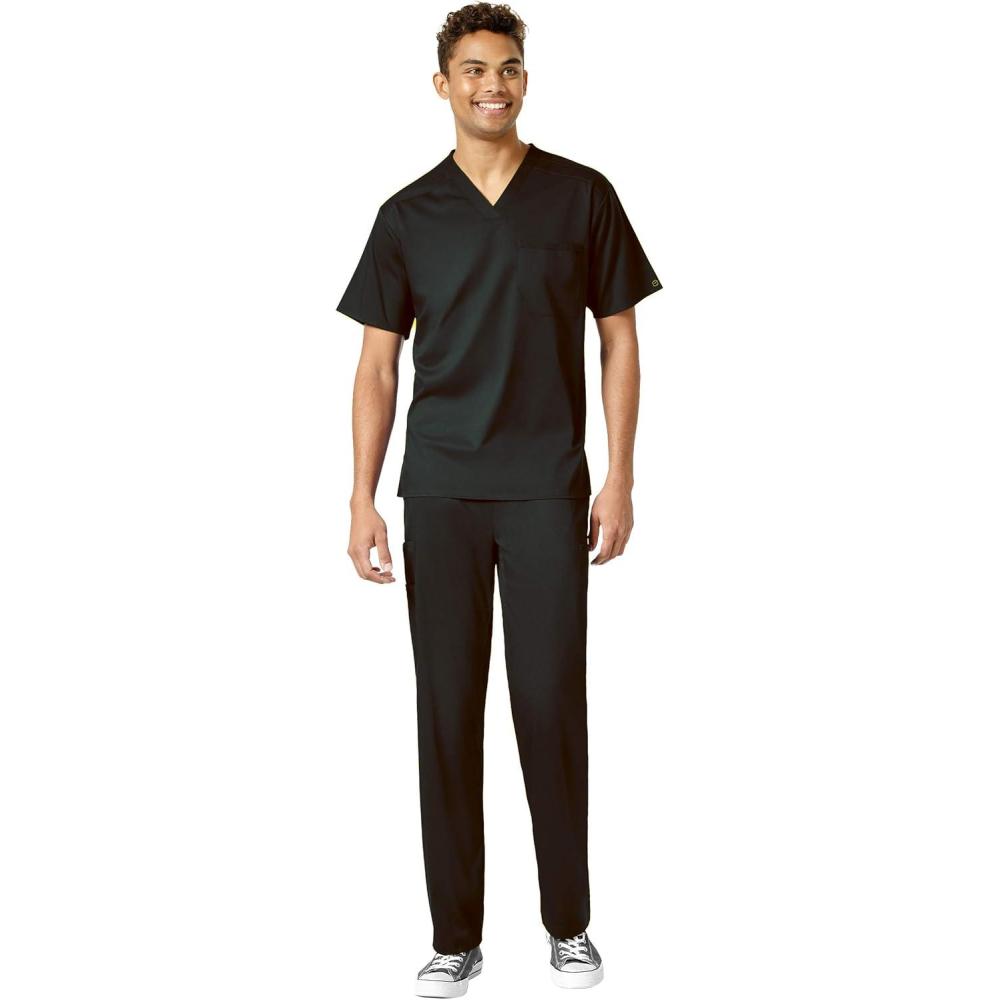 WonderWink PRO Men’s V-Neck Top & Straight Leg Cargo Pant Scrub Set + Badge Reel(Black)