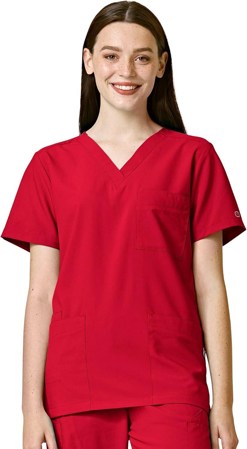 WonderWink W123 Unisex 4-Pocket Utility Top & Unisex Multi-cargo pant Scrub Set + Badge Reel(Red)
