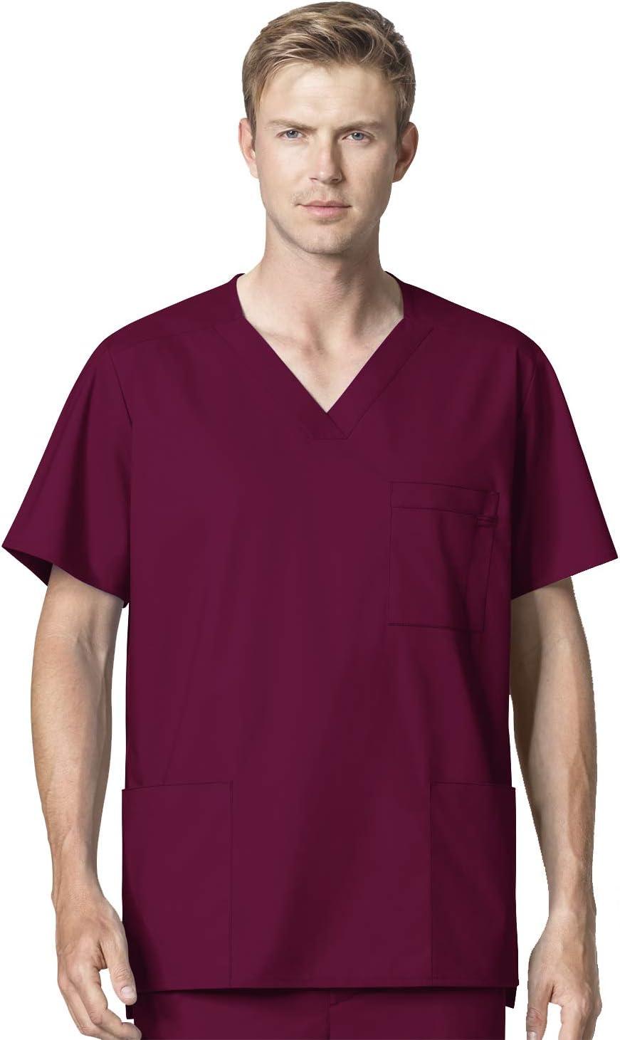 WonderWork Men’s V-neck Multi-Pocket Top & Men’s Cargo Pant Scrub Set + Badge Reel(Wine)