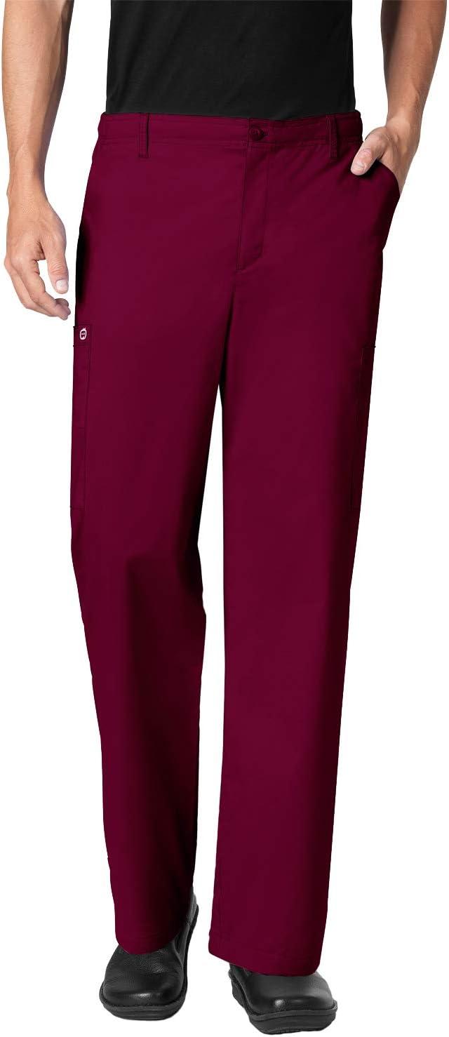 WonderWork Men’s V-neck Multi-Pocket Top & Men’s Cargo Pant Scrub Set + Badge Reel(Wine)