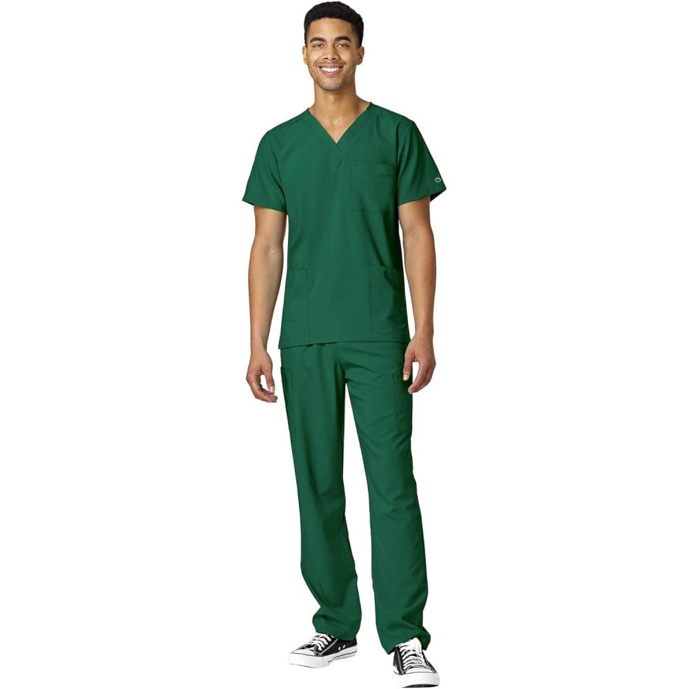 WonderWink W123 Unisex 4-Pocket Utility Top & Unisex Multi-cargo pant Scrub Set + Badge Reel(Hunter)