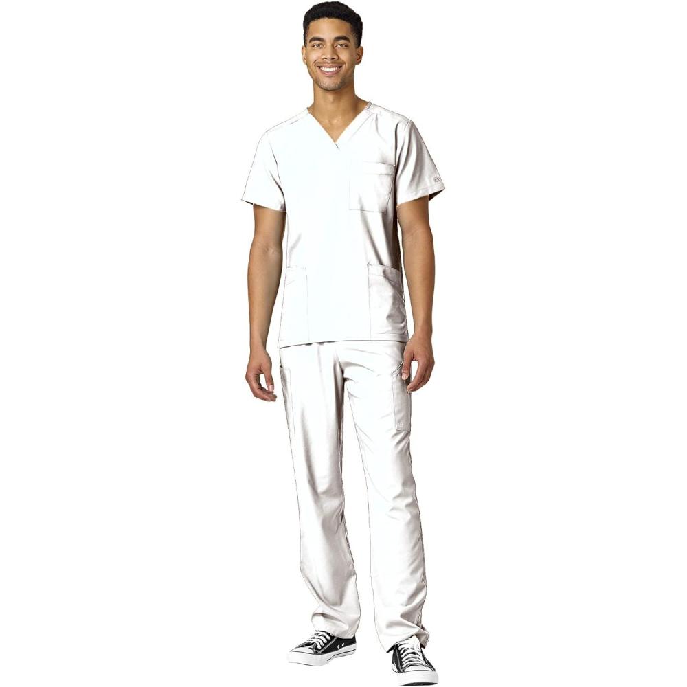 WonderWink W123 Unisex 4-Pocket Utility Top & Unisex Multi-cargo pant Scrub Set + Badge Reel(White)