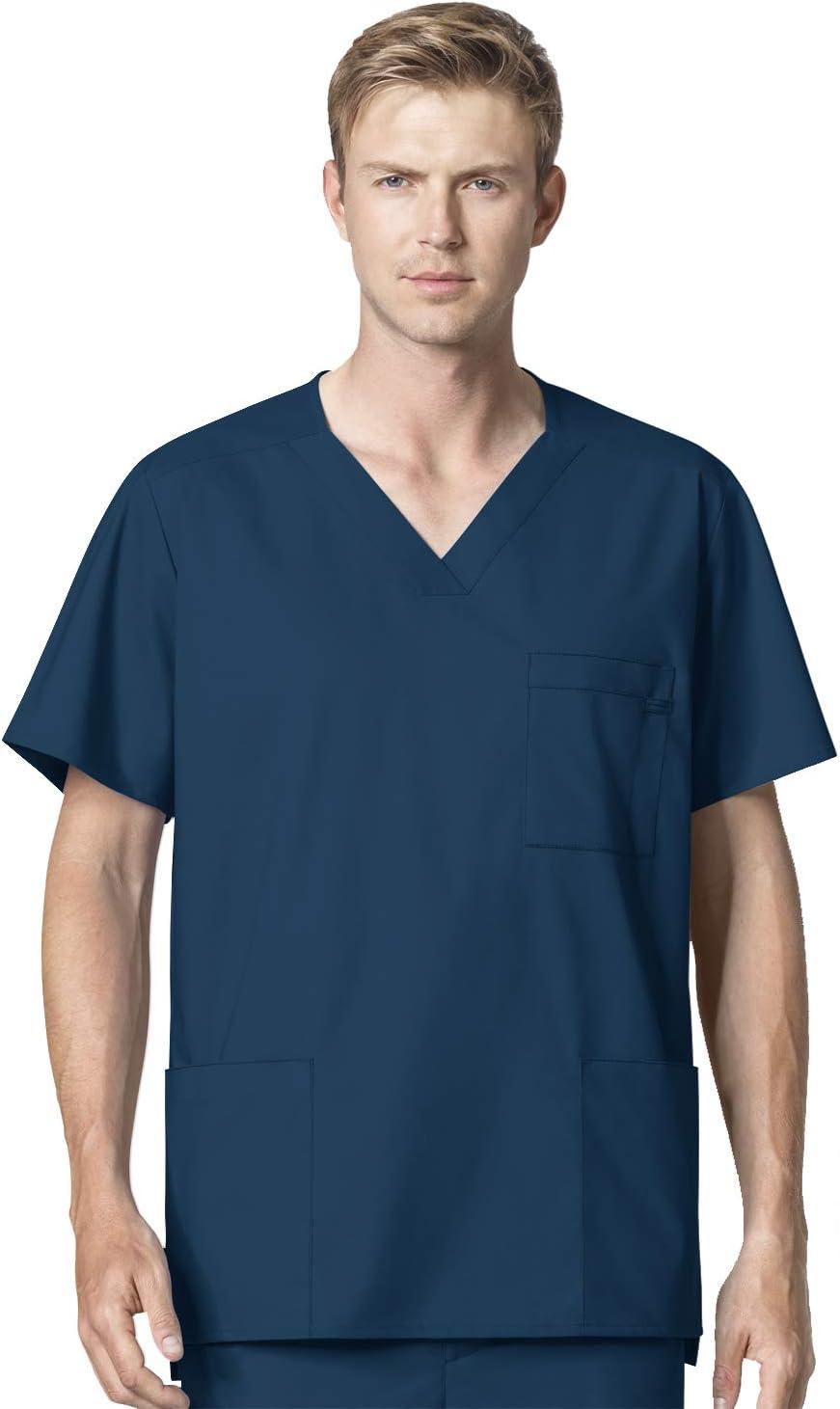 WonderWork Men’s V-neck Multi-Pocket Top & Men’s Cargo Pant Scrub Set + Badge Reel(Caribbean Blue)