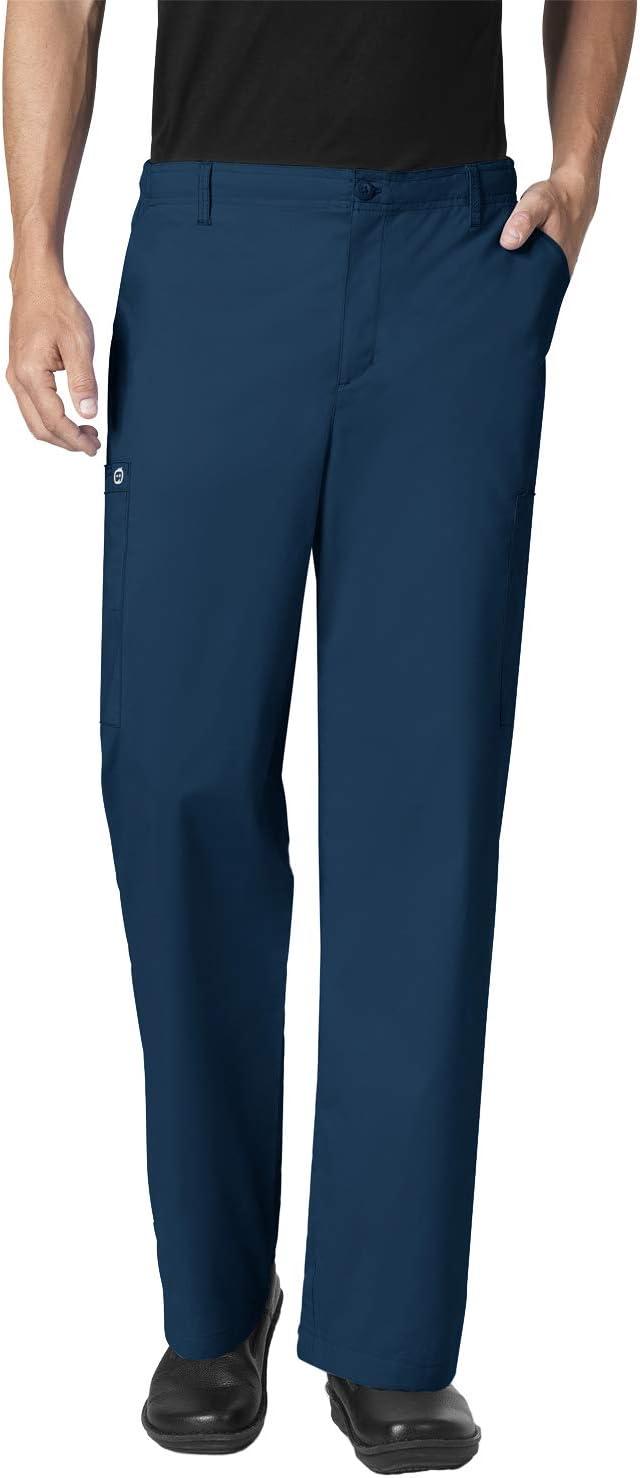 WonderWork Men’s V-neck Multi-Pocket Top & Men’s Cargo Pant Scrub Set + Badge Reel(Caribbean Blue)