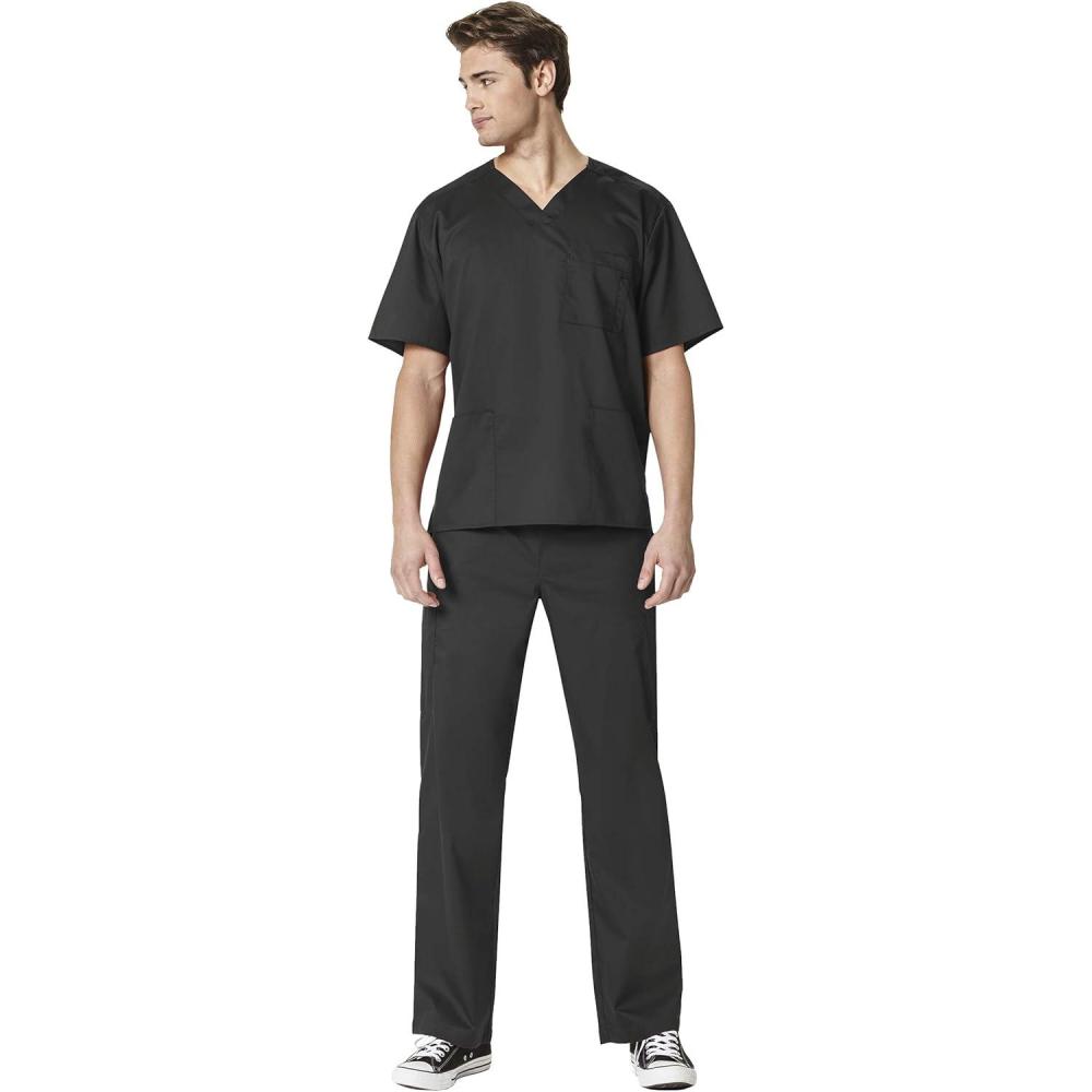 WonderWork Men’s V-neck Multi-Pocket Top & Men’s Cargo Pant Scrub Set + Badge Reel(Black)