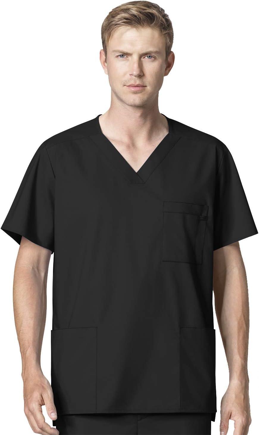 WonderWork Men’s V-neck Multi-Pocket Top & Men’s Cargo Pant Scrub Set + Badge Reel(Black)