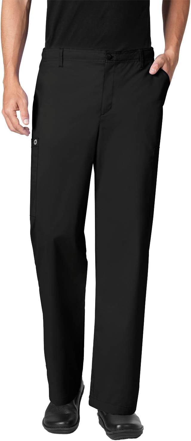 WonderWork Men’s V-neck Multi-Pocket Top & Men’s Cargo Pant Scrub Set + Badge Reel(Black)