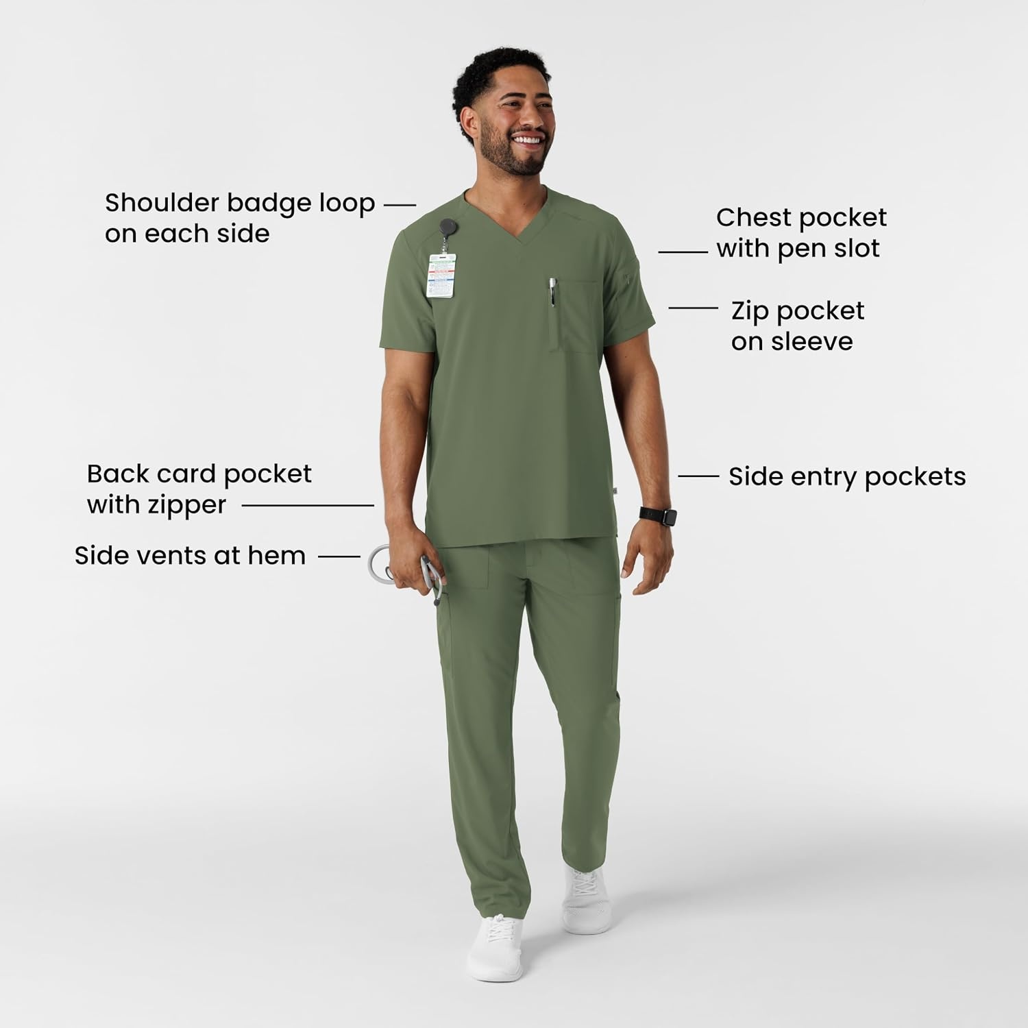 Wink Renew Men’s V-Neck 5 Pocket Scrub Top(Olive)