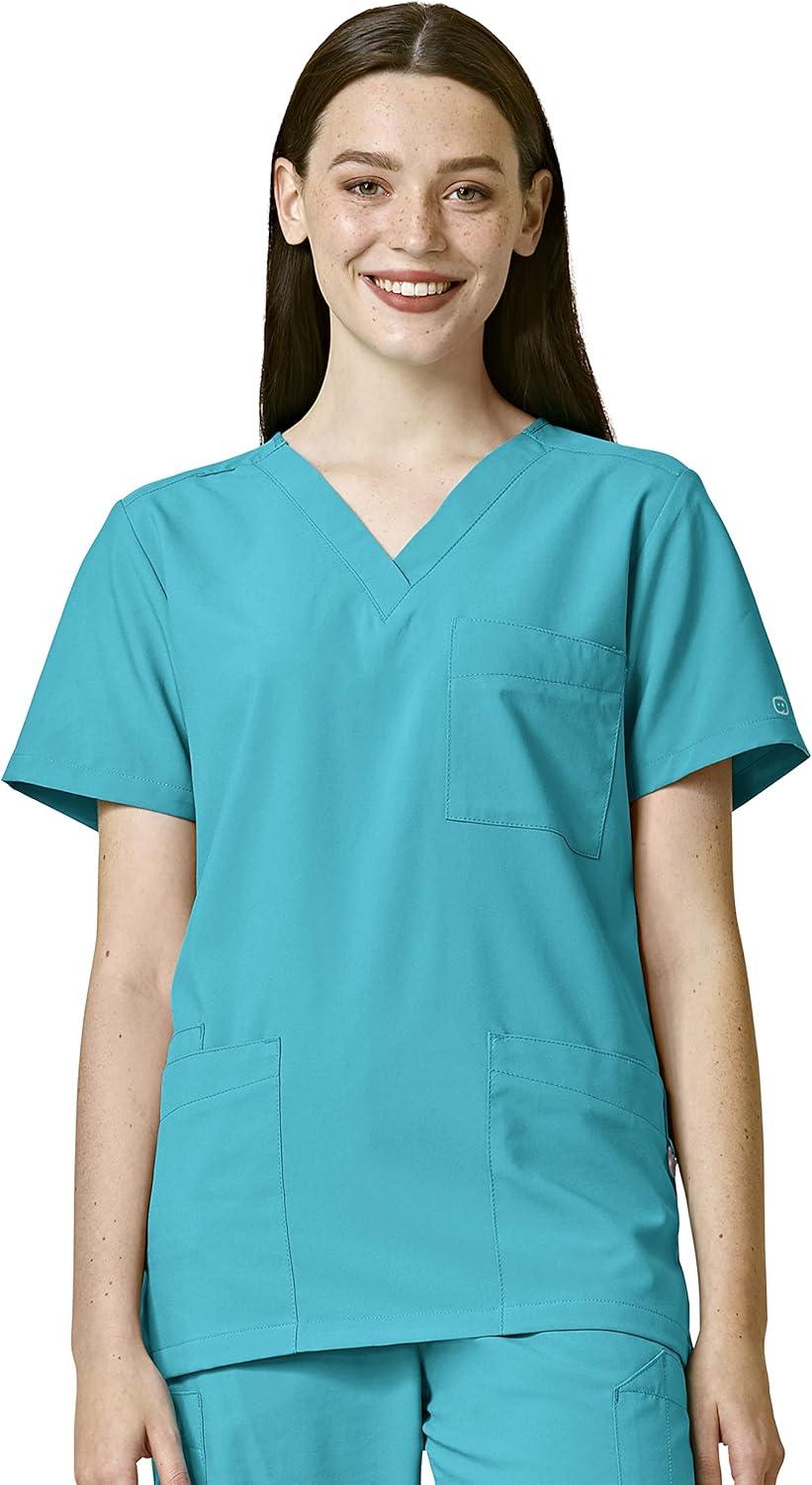 WonderWink W123 Unisex 4-Pocket Utility Top & Unisex Multi-cargo pant Scrub Set + Badge Reel(Teal)