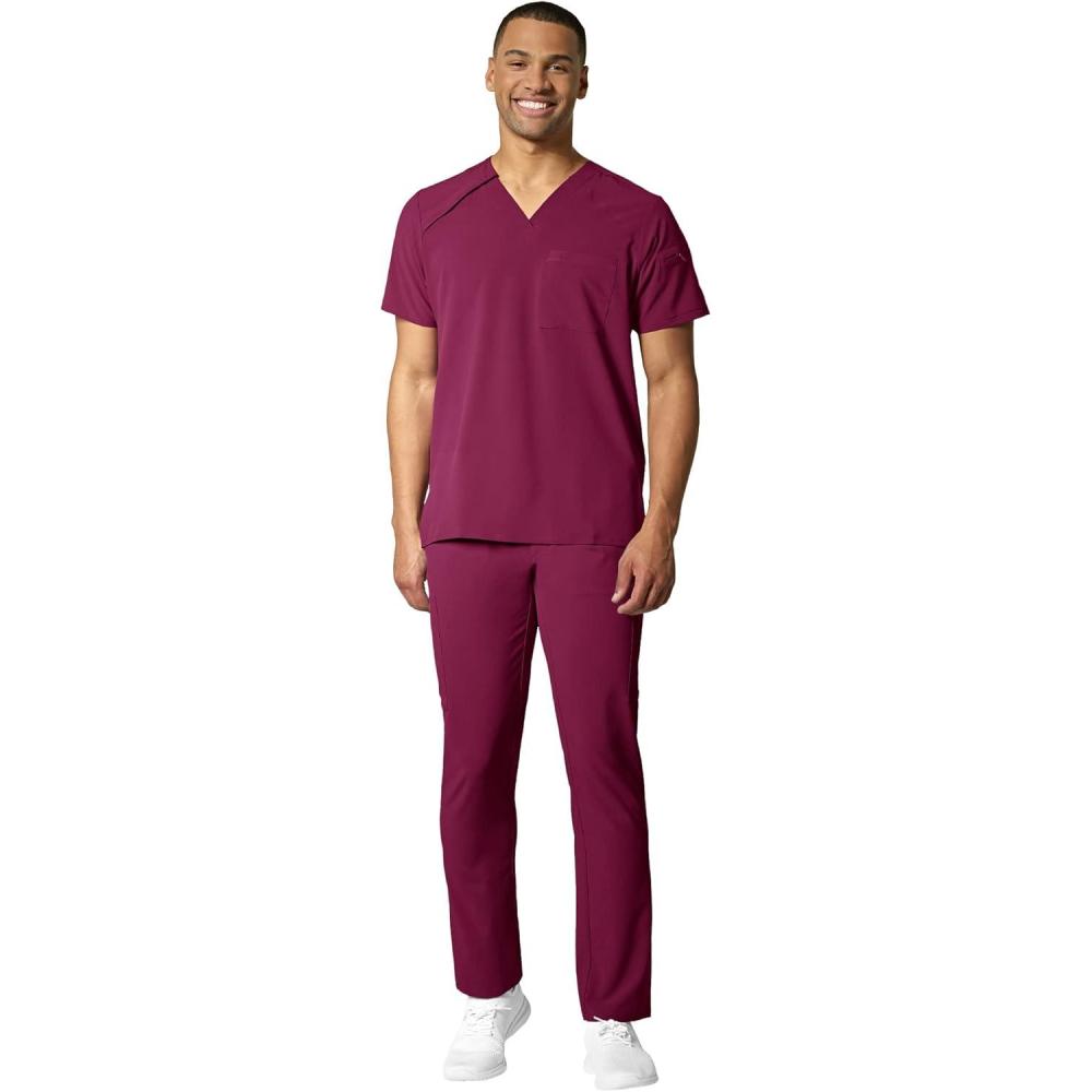 WonderWink RENEW Men’s EZ Zip Top & Men’s Straight Slim Leg Cargo Pant Scrub Set + Badge Reel(Wine)