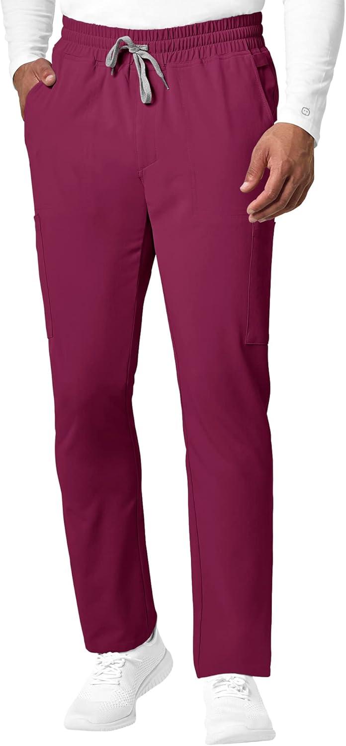 WonderWink RENEW Men’s EZ Zip Top & Men’s Straight Slim Leg Cargo Pant Scrub Set + Badge Reel(Wine)