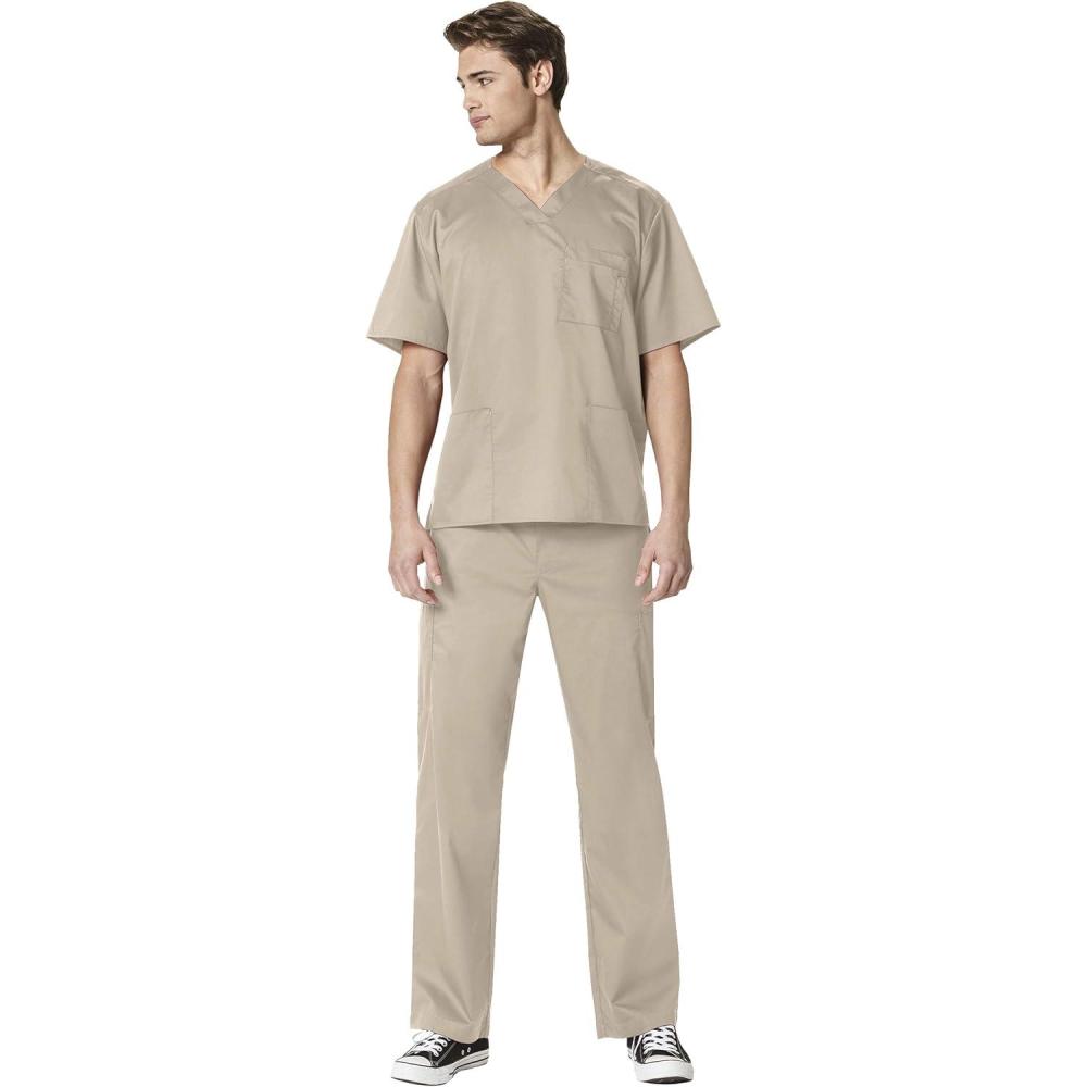 WonderWork Men’s V-neck Multi-Pocket Top & Men’s Cargo Pant Scrub Set + Badge Reel(Khaki)