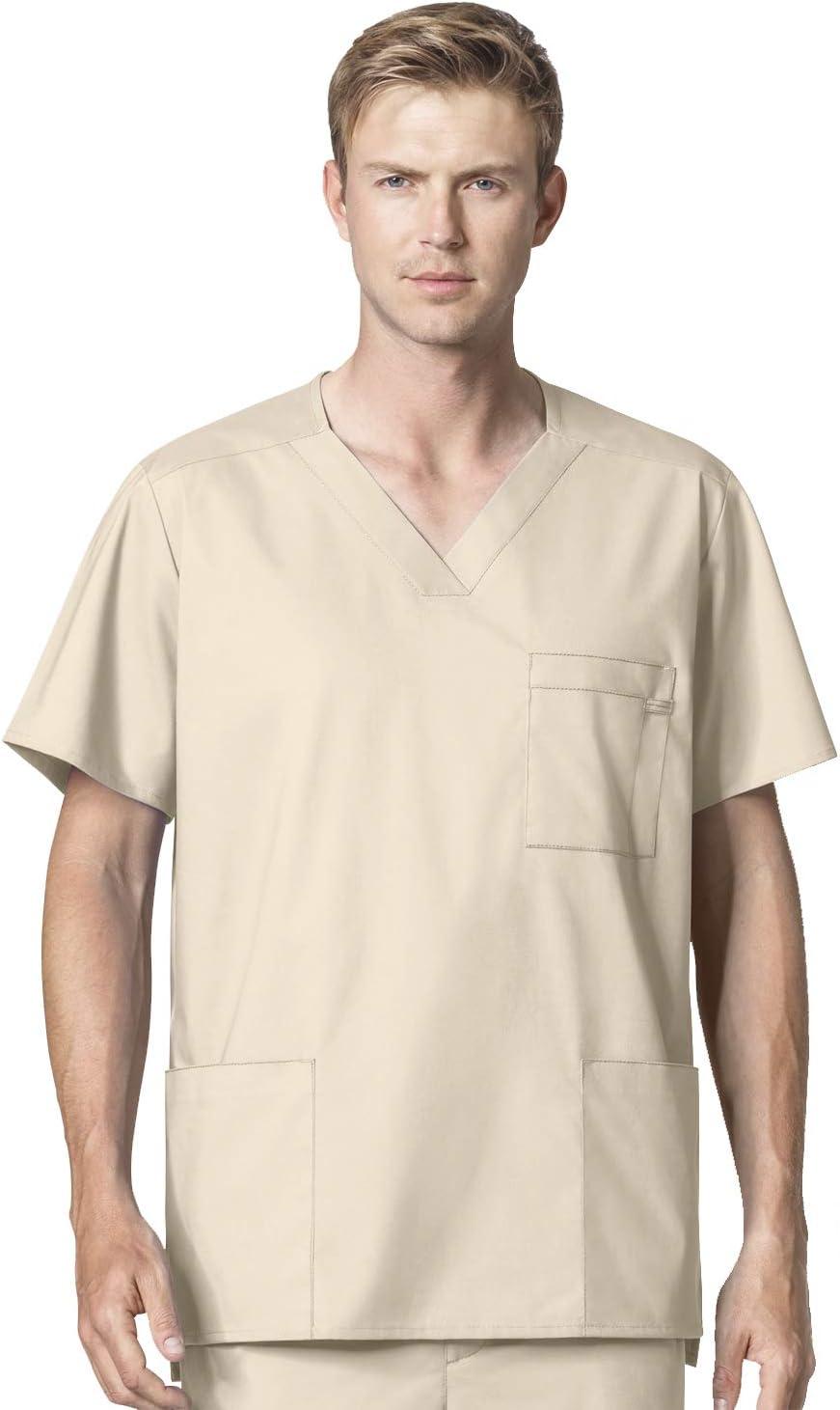 WonderWork Men’s V-neck Multi-Pocket Top & Men’s Cargo Pant Scrub Set + Badge Reel(Khaki)