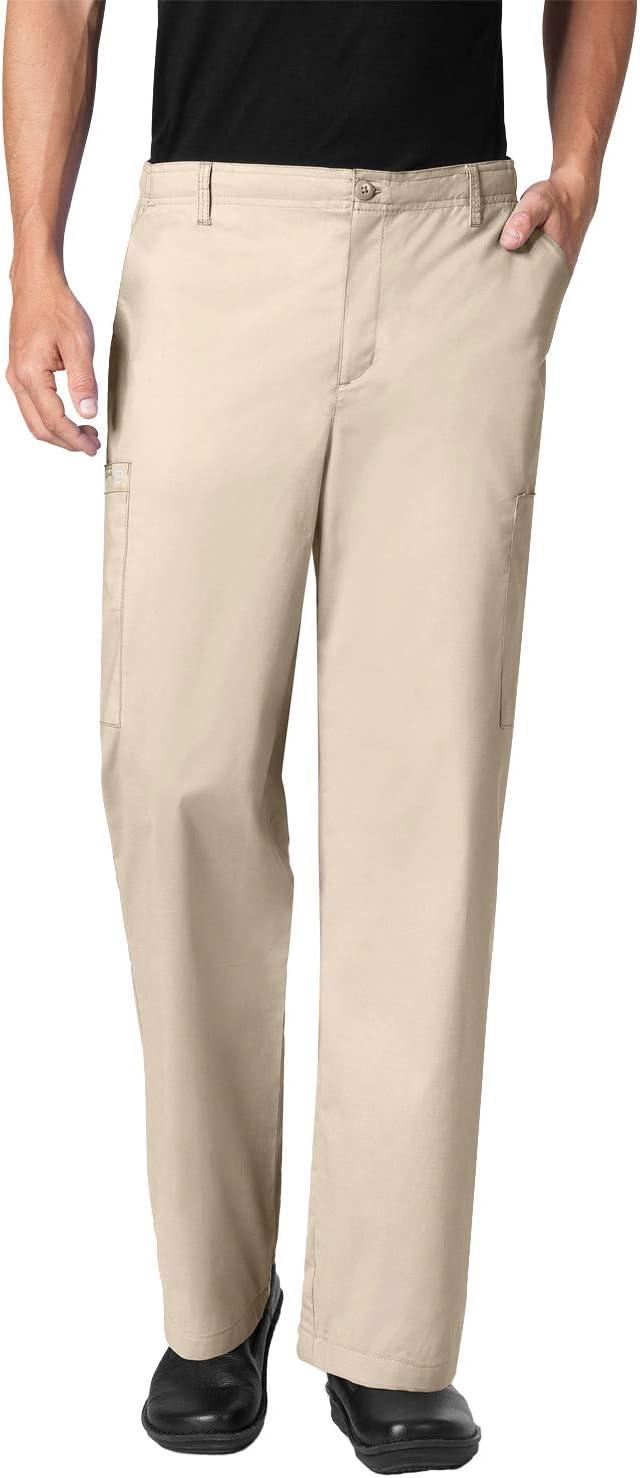 WonderWork Men’s V-neck Multi-Pocket Top & Men’s Cargo Pant Scrub Set + Badge Reel(Khaki)