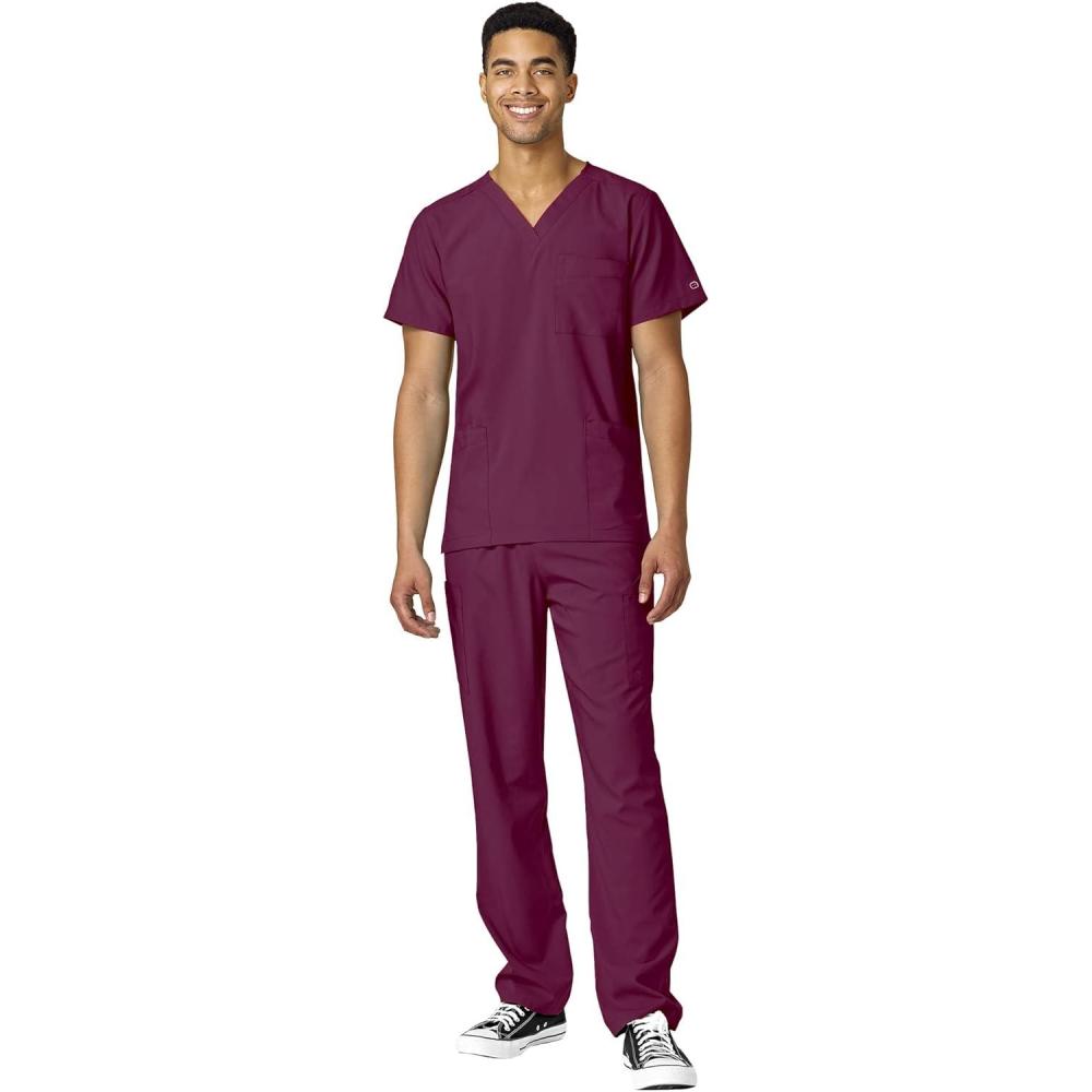 WonderWink W123 Unisex 4-Pocket Utility Top & Unisex Multi-cargo pant Scrub Set + Badge Reel(Wine)