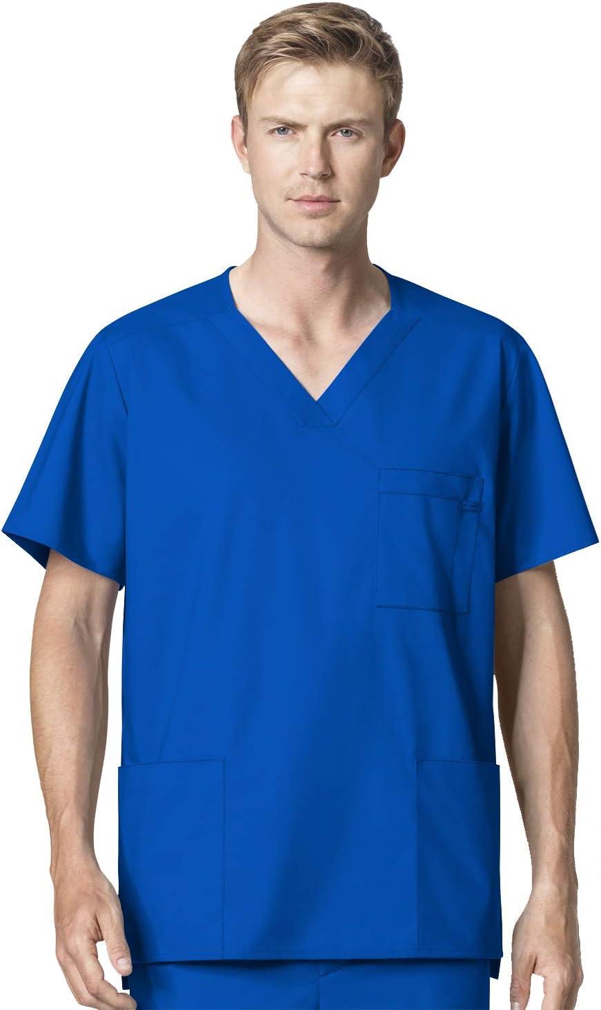 WonderWork Men’s V-neck Multi-Pocket Top & Men’s Cargo Pant Scrub Set + Badge Reel(Royal)