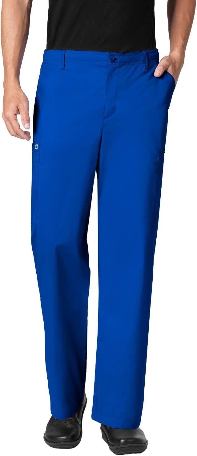 WonderWork Men’s V-neck Multi-Pocket Top & Men’s Cargo Pant Scrub Set + Badge Reel(Royal)