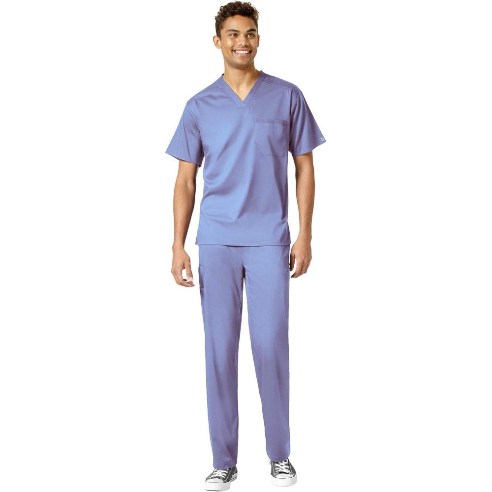 WonderWink PRO Men’s V-Neck Top & Straight Leg Cargo Pant Scrub Set + Badge Reel(Ceil Blue)