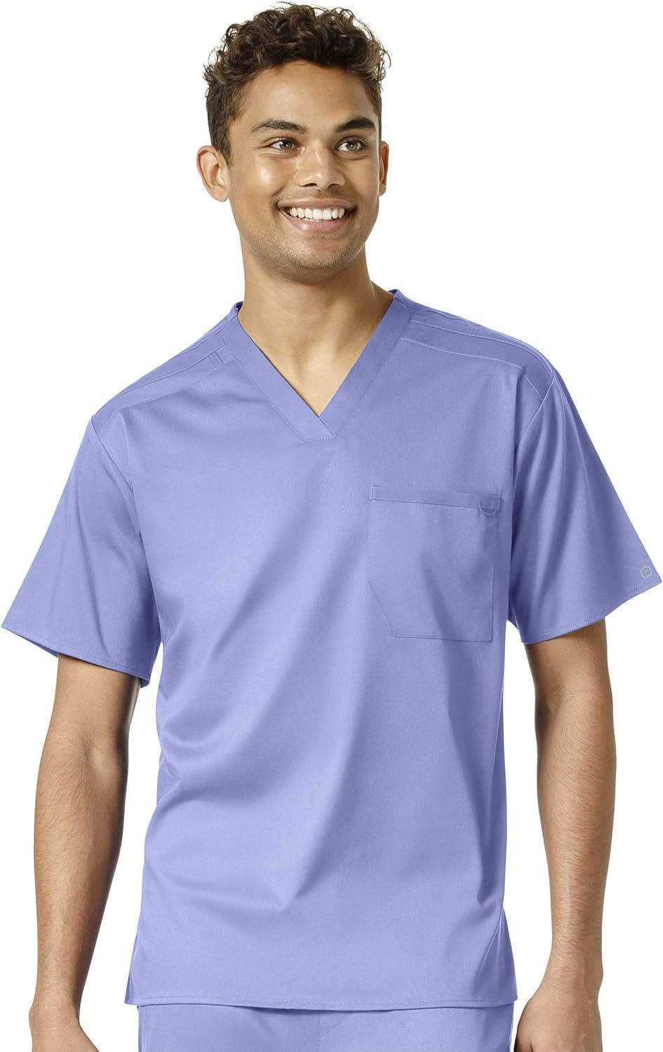 WonderWink PRO Men’s V-Neck Top & Straight Leg Cargo Pant Scrub Set + Badge Reel(Ceil Blue)