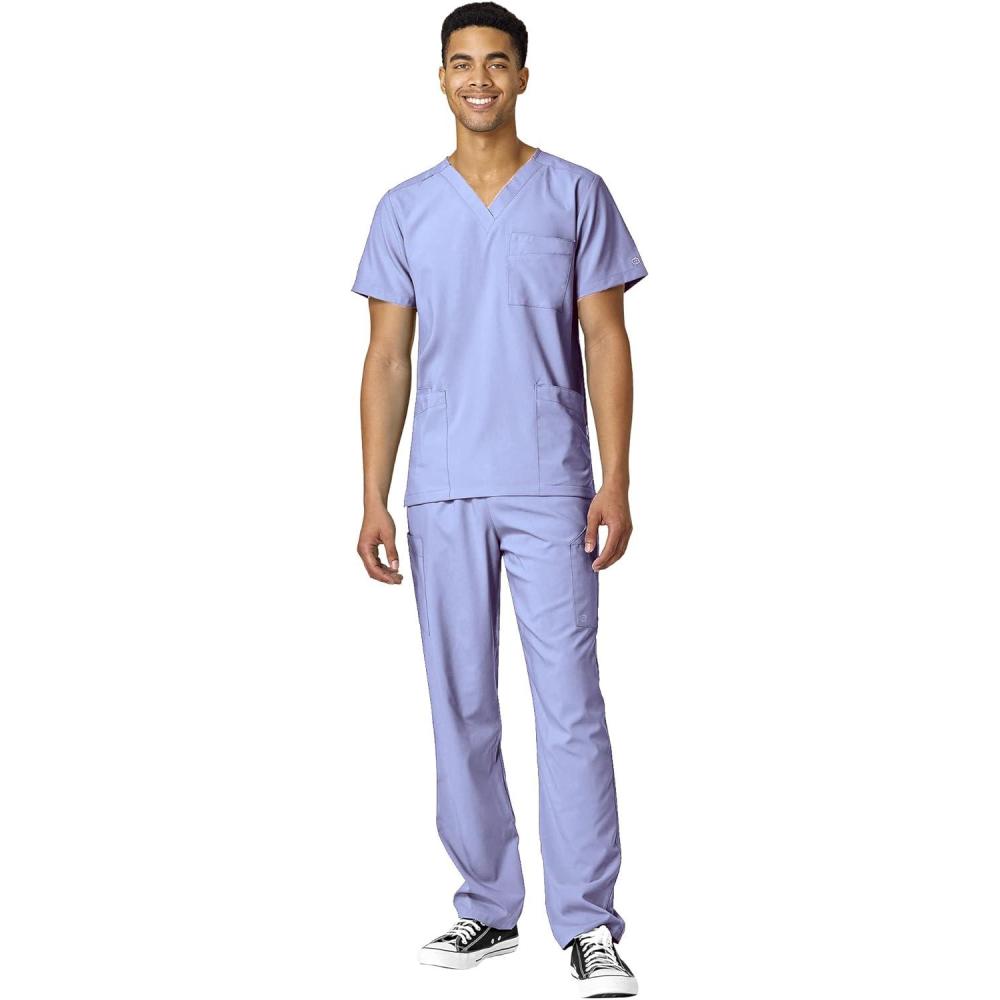 WonderWink W123 Unisex 4-Pocket Utility Top & Unisex Multi-cargo pant Scrub Set + Badge Reel(Ceil Blue)