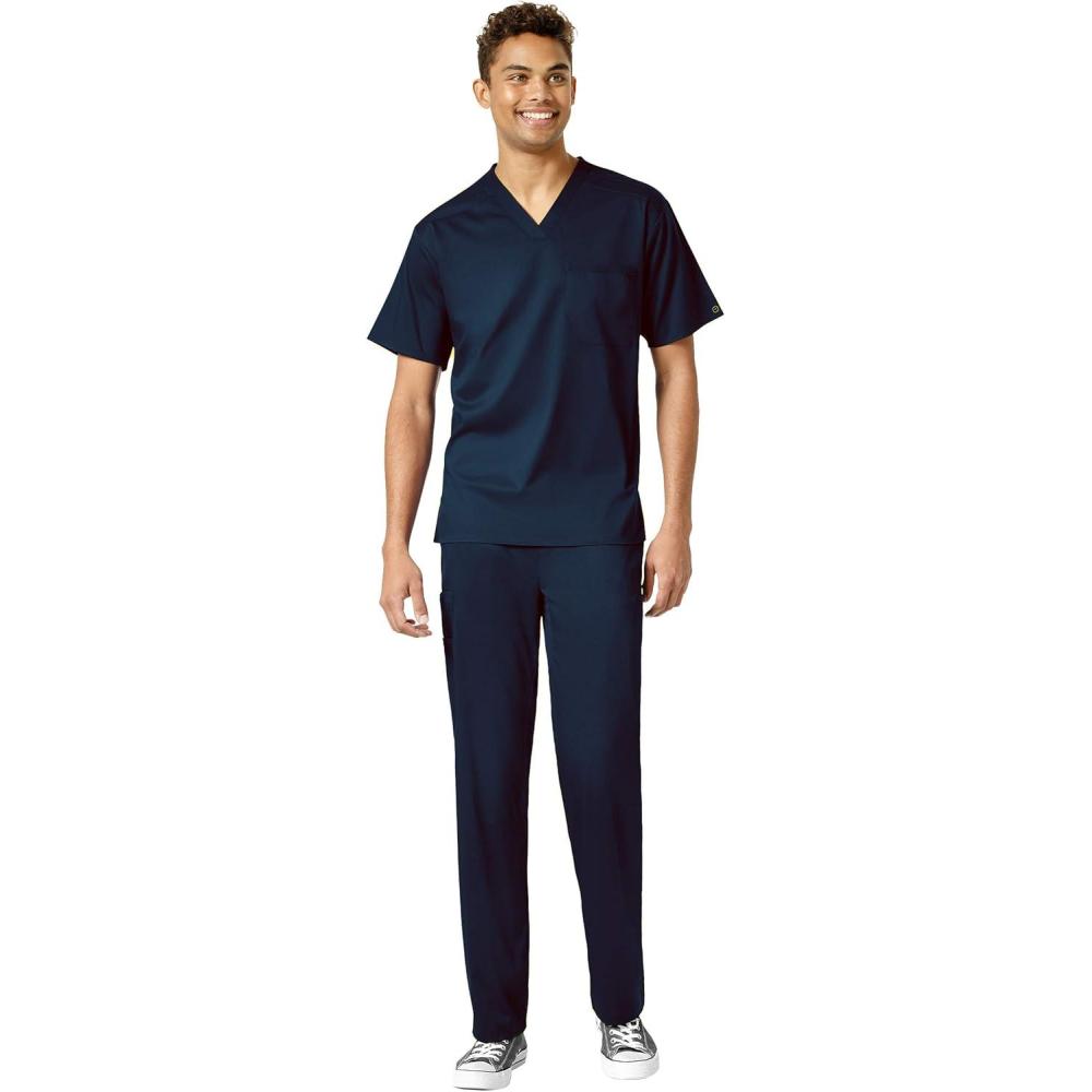 WonderWink PRO Men’s V-Neck Top & Straight Leg Cargo Pant Scrub Set + Badge Reel(Navy)