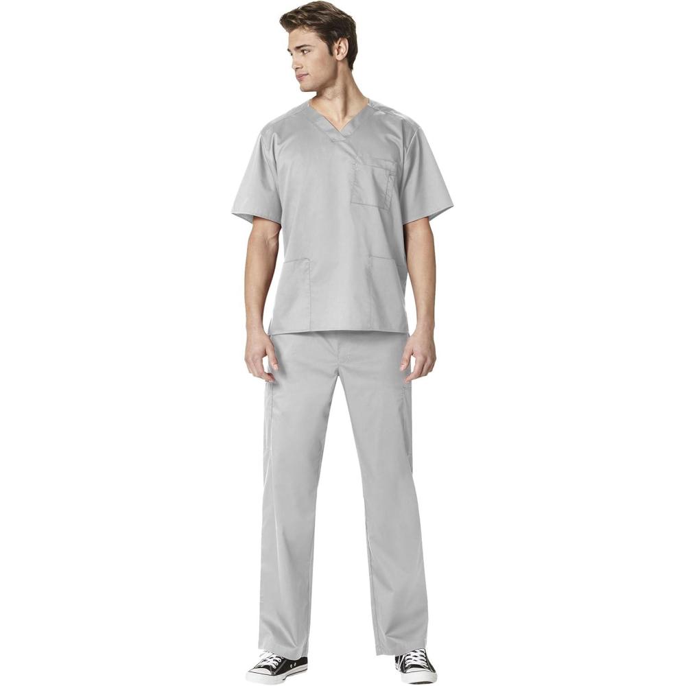 WonderWork Men’s V-neck Multi-Pocket Top & Men’s Cargo Pant Scrub Set + Badge Reel(Grey)