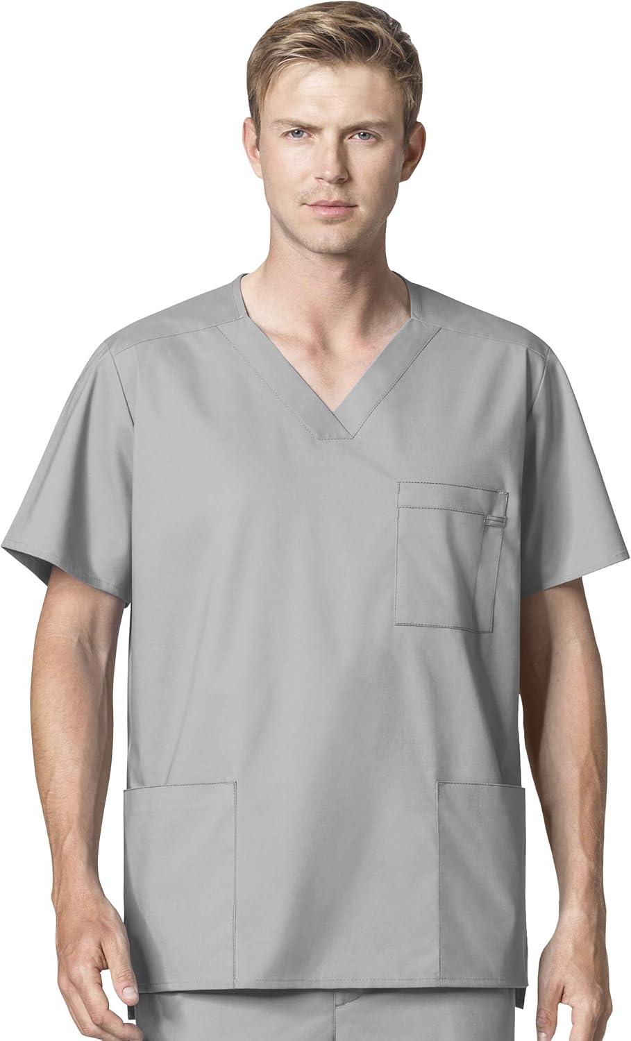 WonderWork Men’s V-neck Multi-Pocket Top & Men’s Cargo Pant Scrub Set + Badge Reel(Grey)