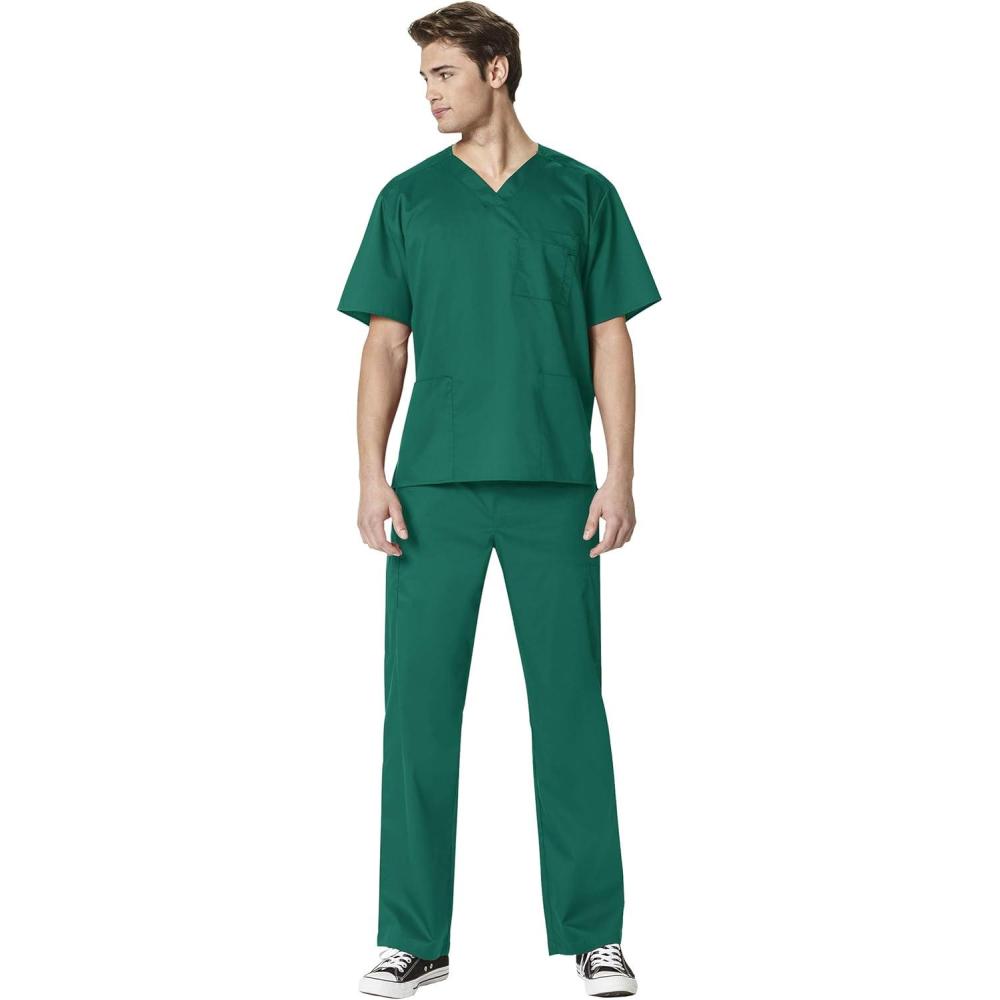 WonderWork Men’s V-neck Multi-Pocket Top & Men’s Cargo Pant Scrub Set + Badge Reel(Hunter)