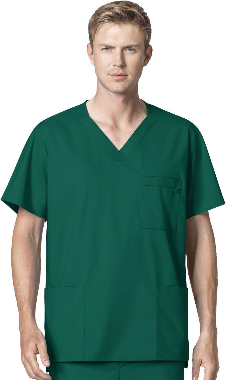 WonderWork Men’s V-neck Multi-Pocket Top & Men’s Cargo Pant Scrub Set + Badge Reel(Hunter)