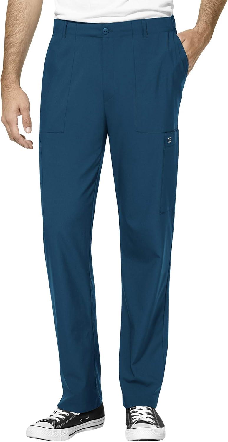 WonderWink W123 Men’s V-Neck Top & Flat Front Cargo Pocket Pant Scrub Set + Badge Reel(Caribbean)