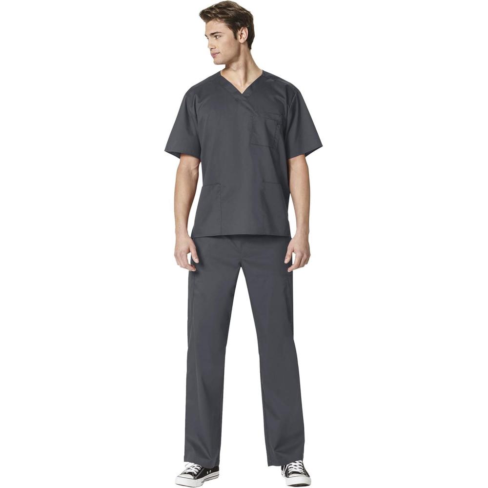 WonderWork Men’s V-neck Multi-Pocket Top & Men’s Cargo Pant Scrub Set + Badge Reel(Pewter)