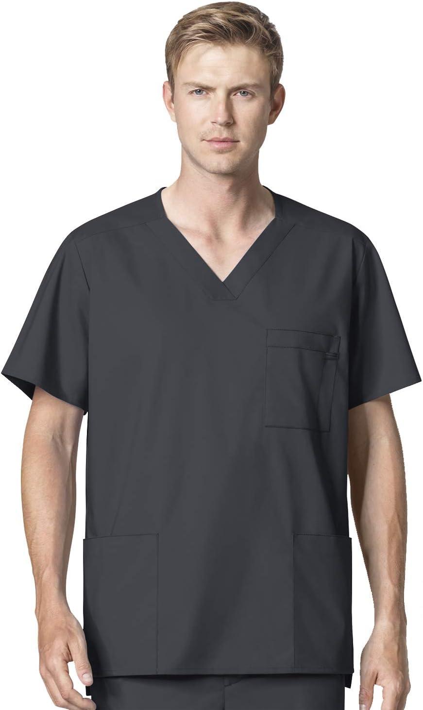 WonderWork Men’s V-neck Multi-Pocket Top & Men’s Cargo Pant Scrub Set + Badge Reel(Pewter)