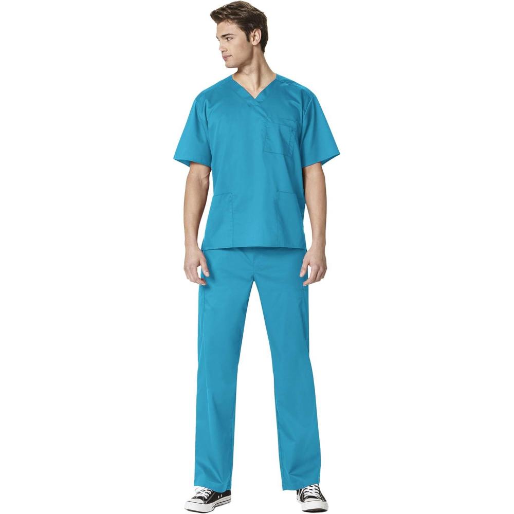 WonderWork Men’s V-neck Multi-Pocket Top & Men’s Cargo Pant Scrub Set + Badge Reel(Real Teal)