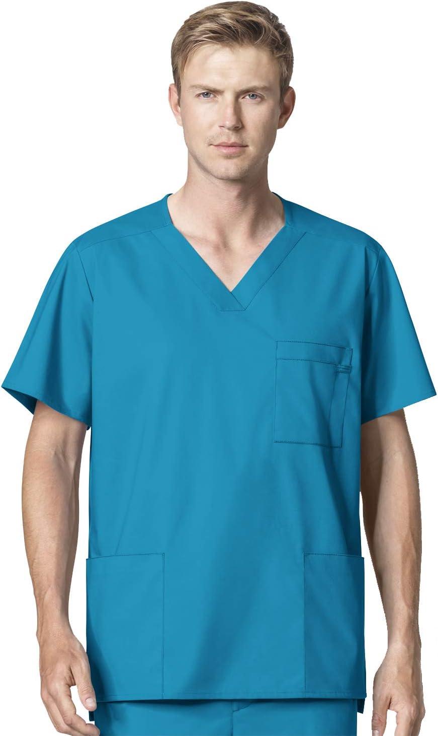 WonderWork Men’s V-neck Multi-Pocket Top & Men’s Cargo Pant Scrub Set + Badge Reel(Real Teal)