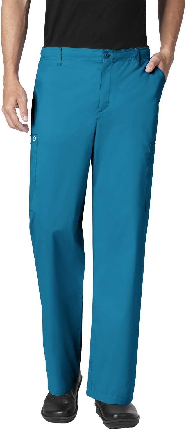 WonderWork Men’s V-neck Multi-Pocket Top & Men’s Cargo Pant Scrub Set + Badge Reel(Real Teal)