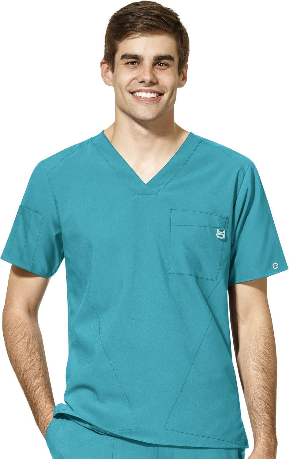 WonderWink W123 Men’s V-Neck Top & Flat Front Cargo Pocket Pant Scrub Set + Badge Reel(Teal Blue)