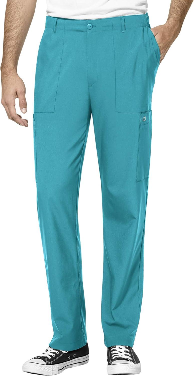 WonderWink W123 Men’s V-Neck Top & Flat Front Cargo Pocket Pant Scrub Set + Badge Reel(Teal Blue)