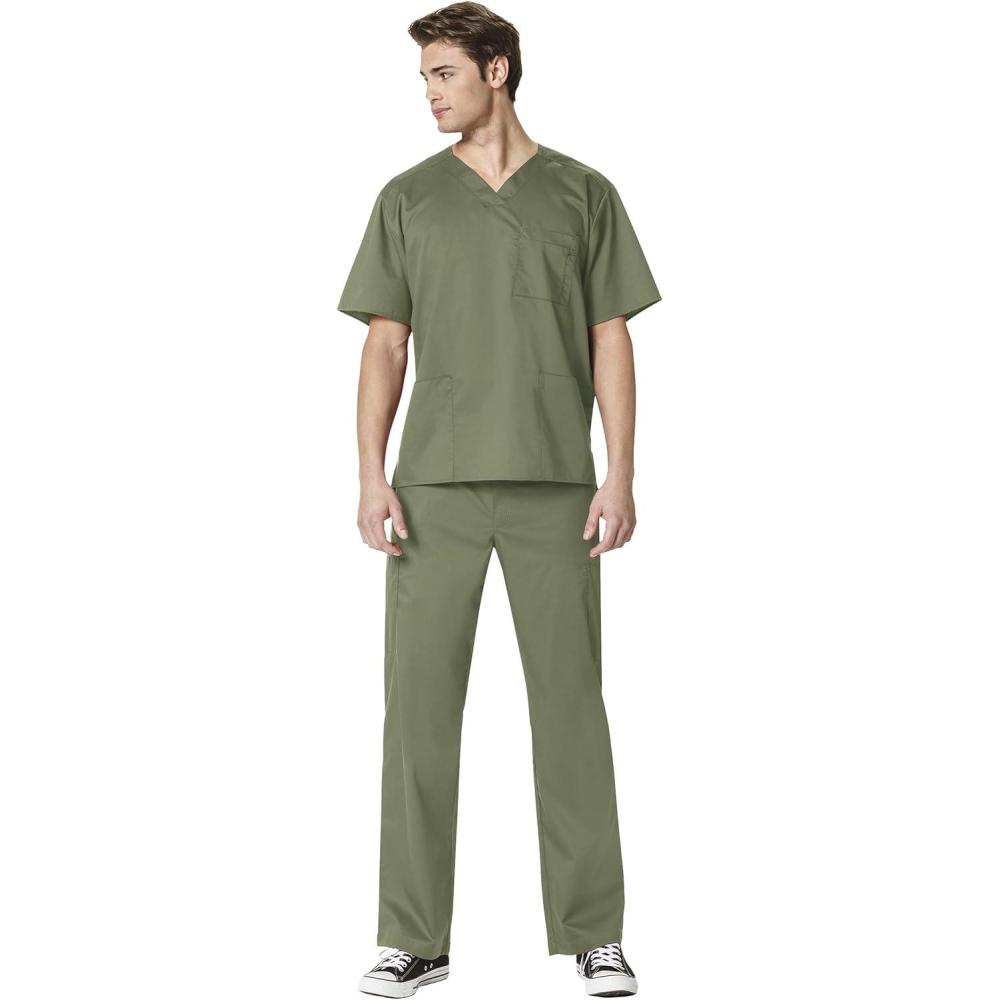 WonderWork Men’s V-neck Multi-Pocket Top & Men’s Cargo Pant Scrub Set + Badge Reel(Olive)