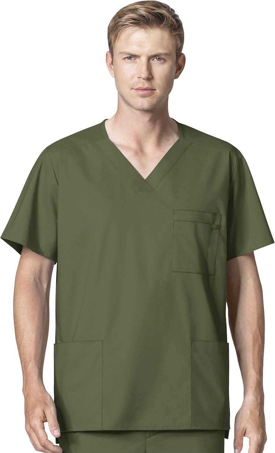 WonderWork Men’s V-neck Multi-Pocket Top & Men’s Cargo Pant Scrub Set + Badge Reel(Olive)