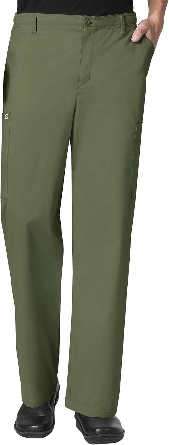 WonderWork Men’s V-neck Multi-Pocket Top & Men’s Cargo Pant Scrub Set + Badge Reel(Olive)