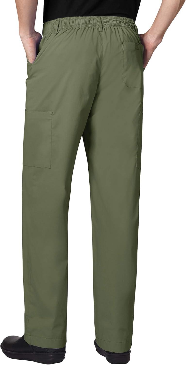WonderWork Men’s V-neck Multi-Pocket Top & Men’s Cargo Pant Scrub Set + Badge Reel(Olive)