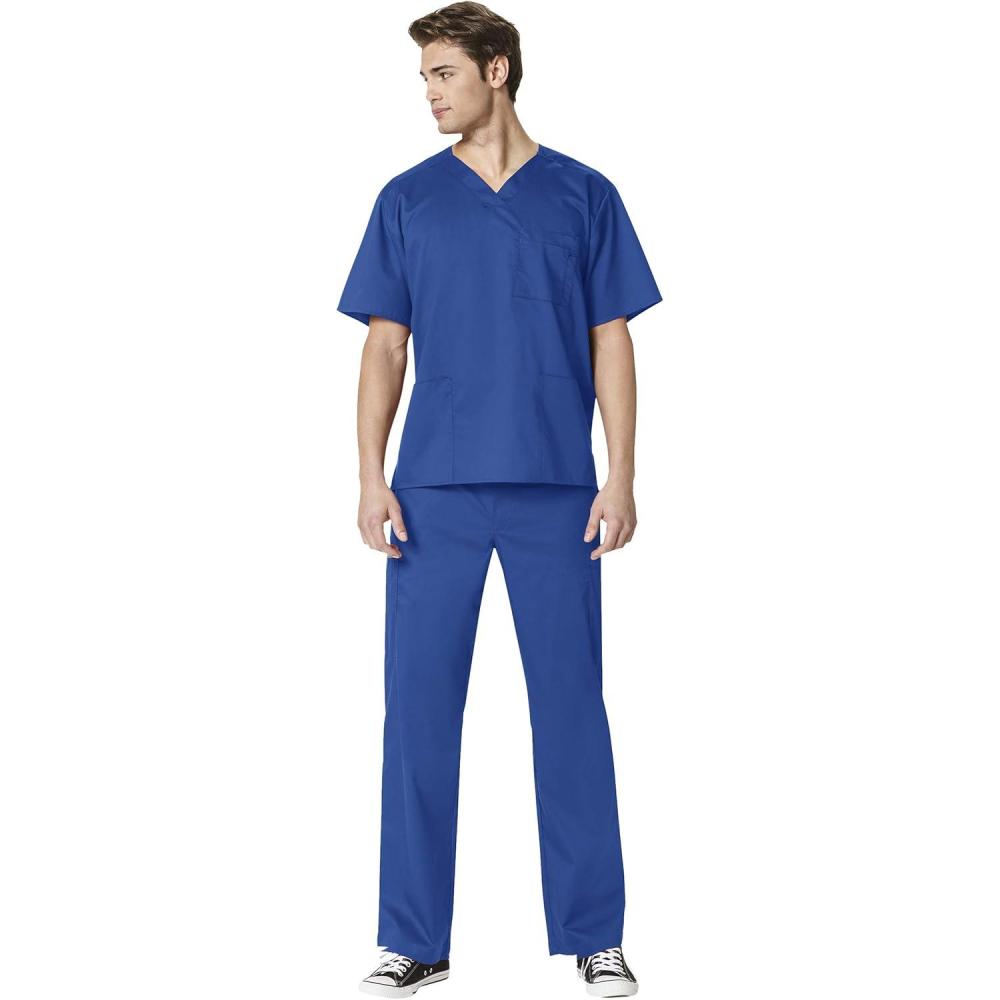 WonderWork Men’s V-neck Multi-Pocket Top & Men’s Cargo Pant Scrub Set + Badge Reel(Galaxy Blue)