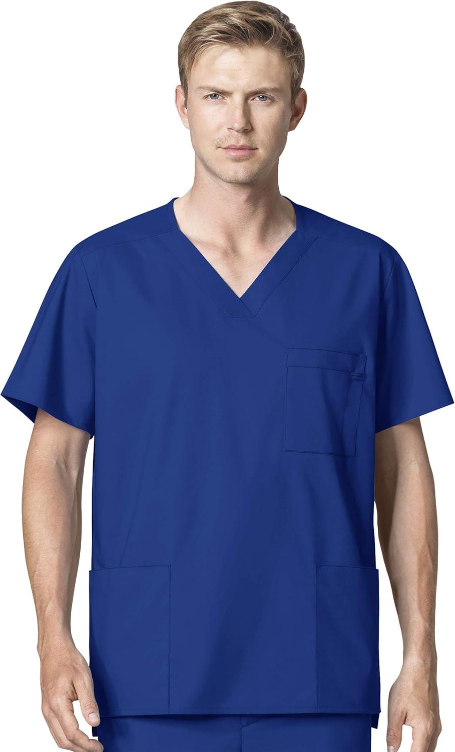WonderWork Men’s V-neck Multi-Pocket Top & Men’s Cargo Pant Scrub Set + Badge Reel(Galaxy Blue)