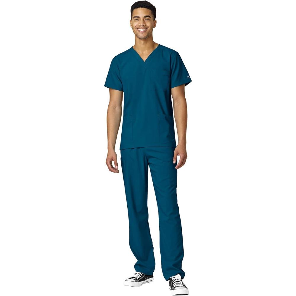 WonderWink W123 Unisex 4-Pocket Utility Top & Unisex Multi-cargo pant Scrub Set + Badge Reel(Caribbean)