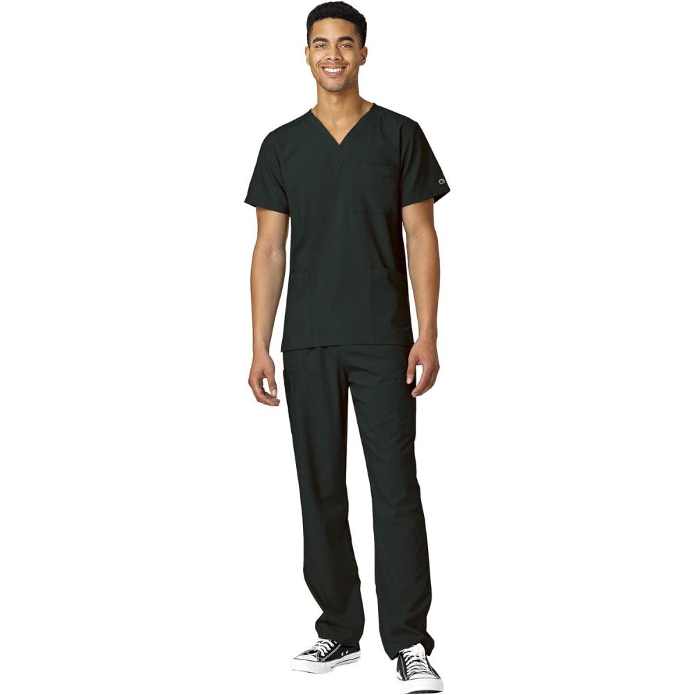 WonderWink W123 Unisex 4-Pocket Utility Top & Unisex Multi-cargo pant Scrub Set + Badge Reel(Black)