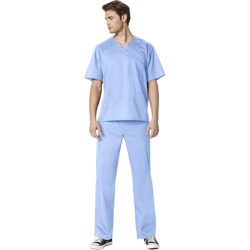 WonderWork Men’s V-neck Multi-Pocket Top & Men’s Cargo Pant Scrub Set + Badge Reel(Ceil Blue)