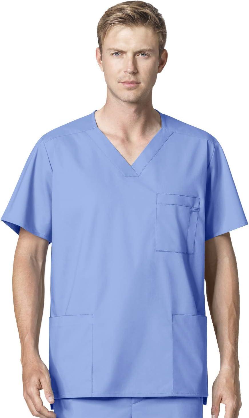 WonderWork Men’s V-neck Multi-Pocket Top & Men’s Cargo Pant Scrub Set + Badge Reel(Ceil Blue)