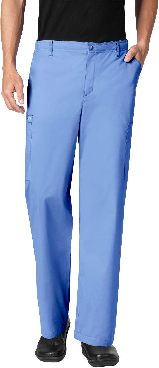 WonderWork Men’s V-neck Multi-Pocket Top & Men’s Cargo Pant Scrub Set + Badge Reel(Ceil Blue)